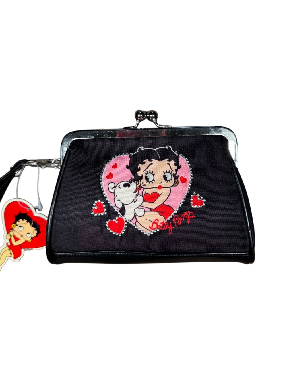 Dead Stock Betty Boop Black Clutch with Rhinestone Pink Heart and Red Accents